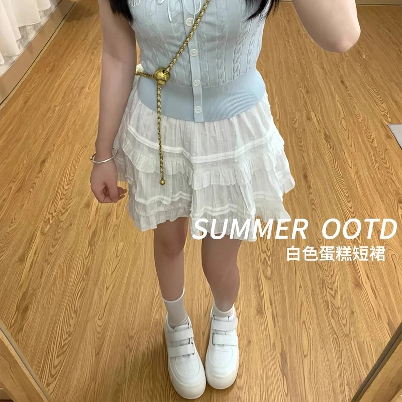 白色芭蕾风蛋糕短裙女春秋2025新款高腰显瘦小个子蓬蓬a字半身裙