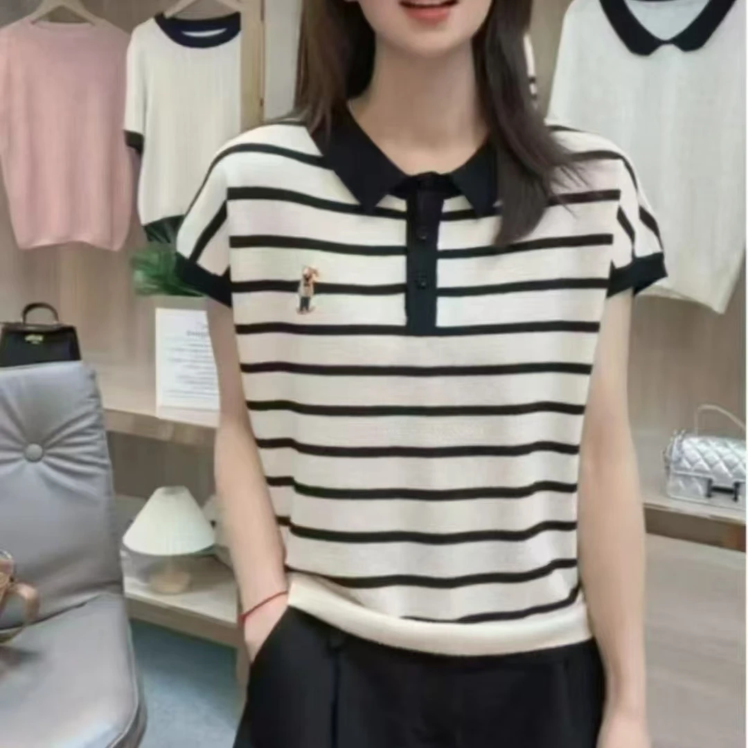 撞色翻领设计感短袖T恤女夏2025新款爆款宽松显瘦条纹高级感上衣