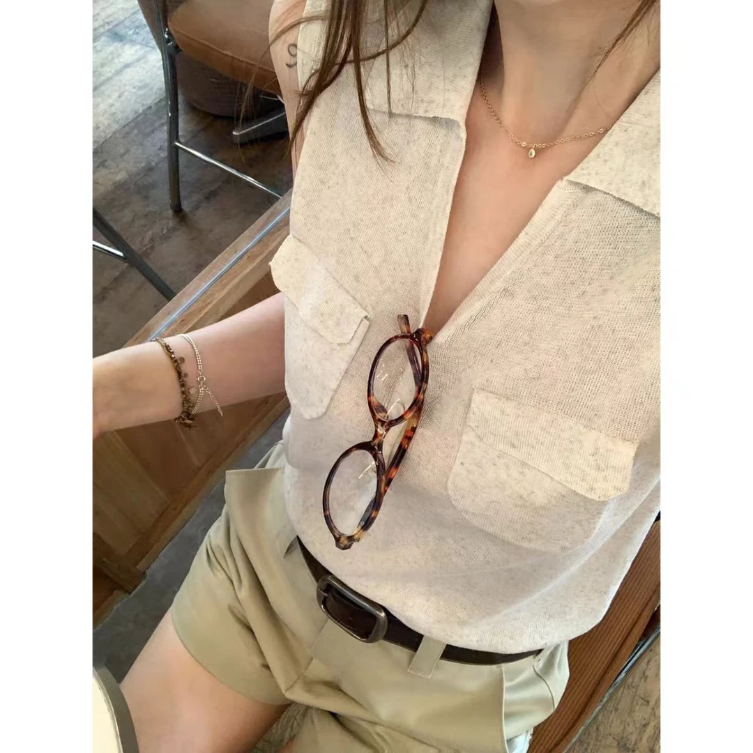 曼曼【纯氧女孩~】 韩版POLO领休闲套头针织背心无袖上衣