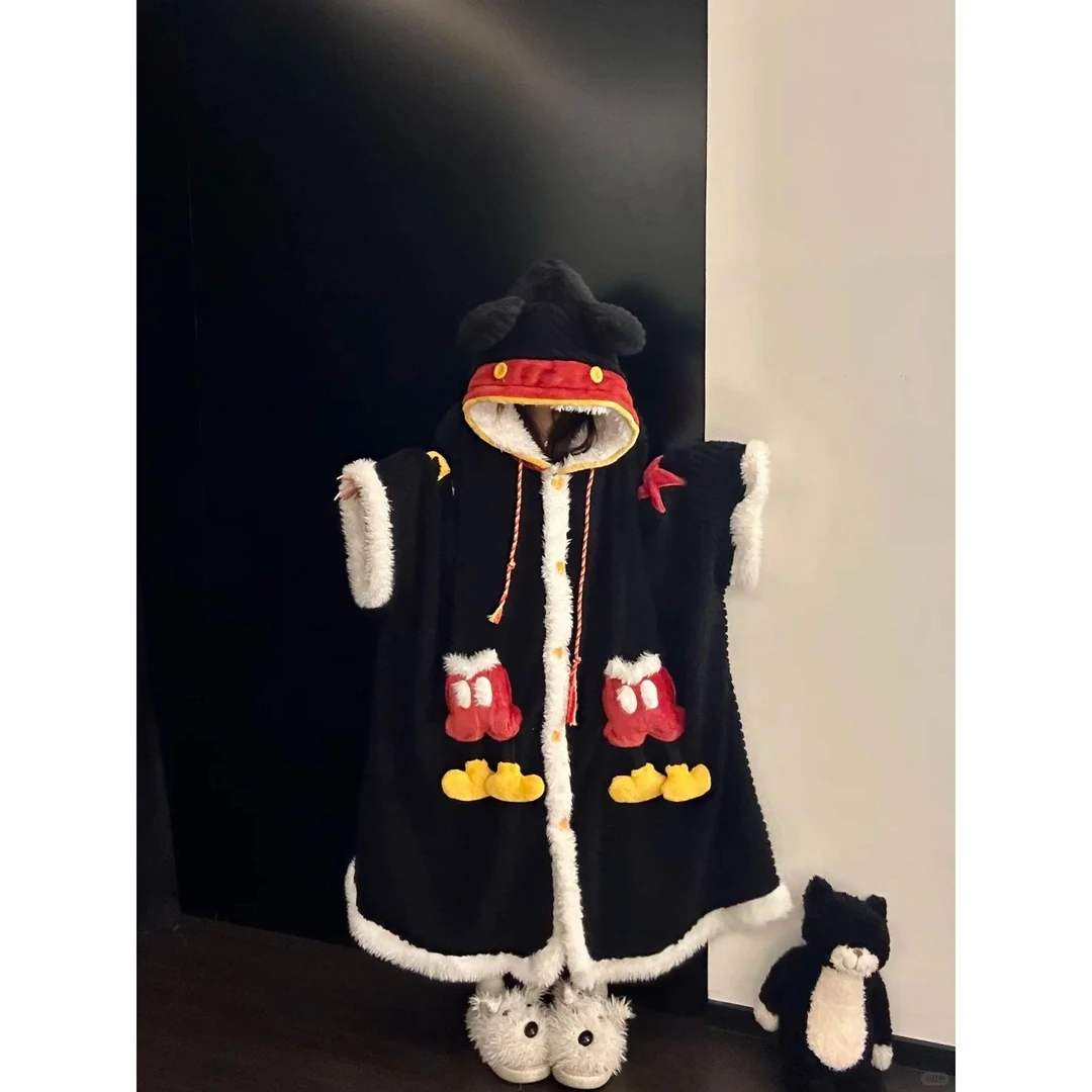甜美米奇毛绒珊瑚绒连帽睡袍女秋冬新款加厚保暖家居服套装可外穿