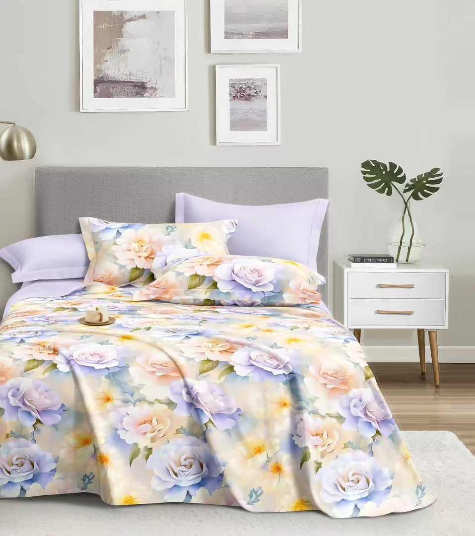 山东原棉老粗布圆角花边三件套夏季棉布凉席舒适透气印花老粗布