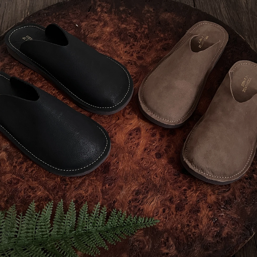 拙手作2025一脚蹬头层牛皮包头平底休闲拖鞋森系复古女鞋春夏百搭