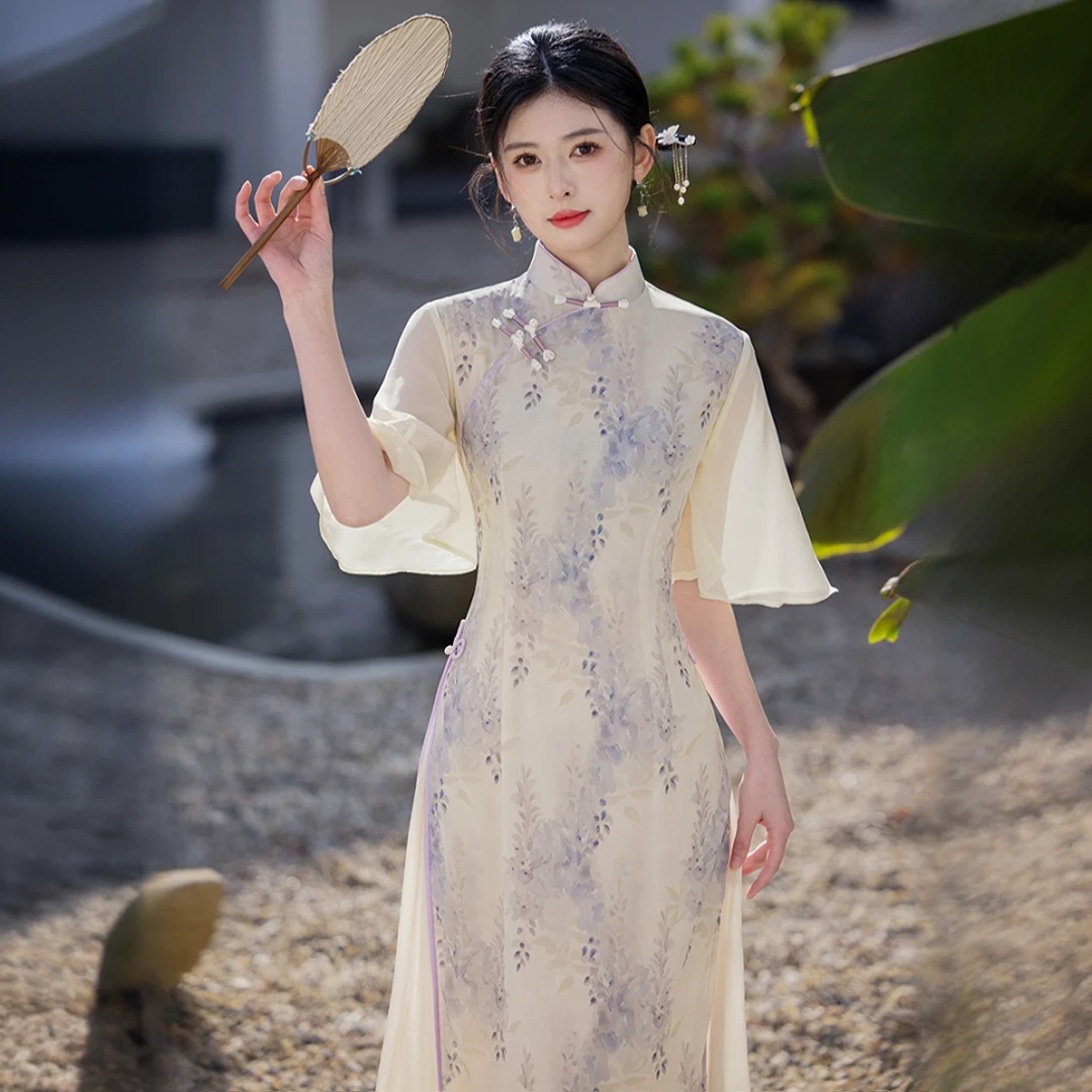 [青瓷梦影]新中式奥黛旗袍日常款复古优雅显瘦小个子中国风旗袍裙