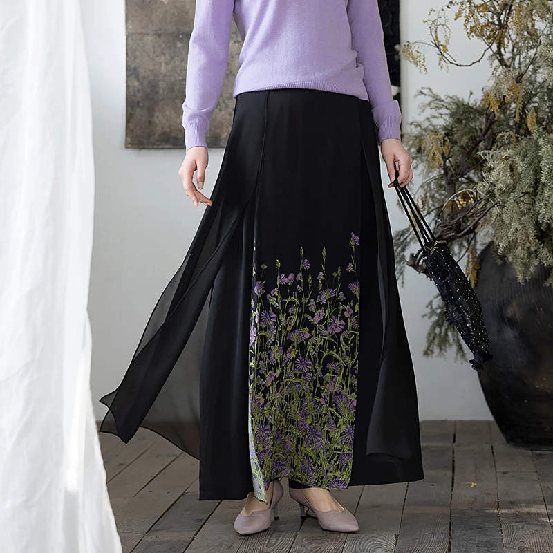 生活在左2025春季新品印花优雅宽松显瘦开衩裤子女复古款1951216.