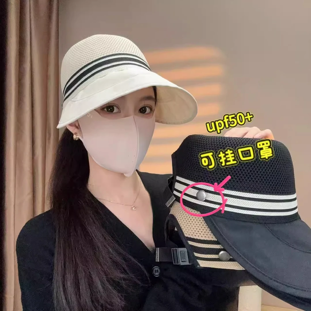 夏季遮阳帽网顶条纹透气可折叠防晒帽太阳帽遮脸时尚渔夫帽护脸帽