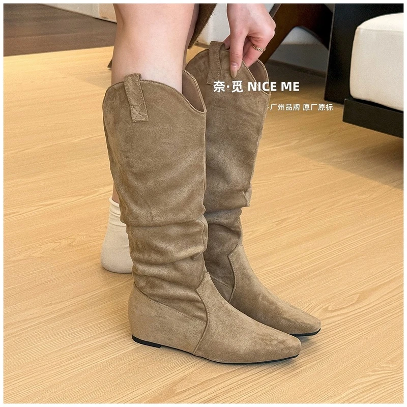 NICE ME~贵气卡其色方头内增高长筒靴女显瘦百搭堆堆骑士高筒靴ol