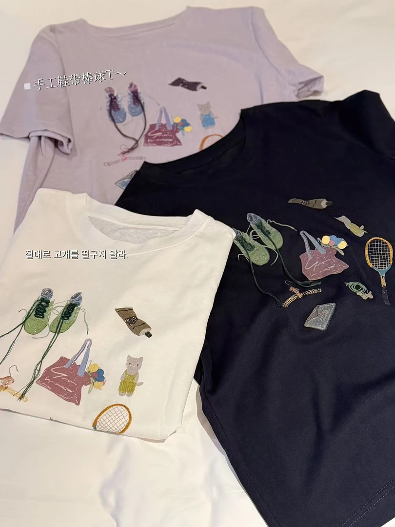 「金小姐」手工鞋带棒球雪花棉正肩显瘦T～