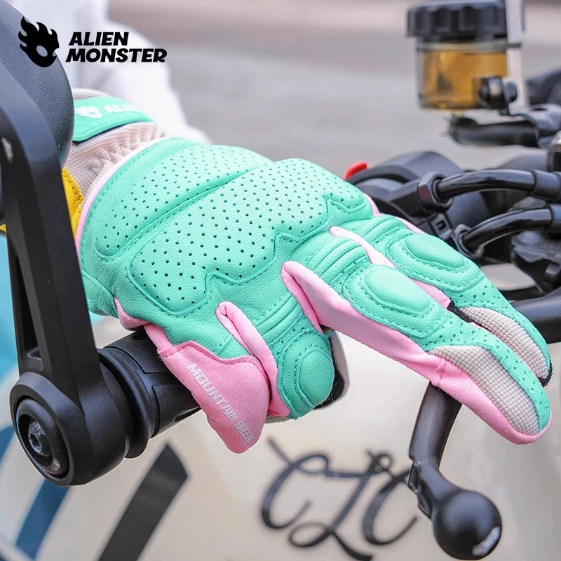 外星怪山风手套马卡龙夏季摩托车骑行机车装备四季透气真皮CE认证