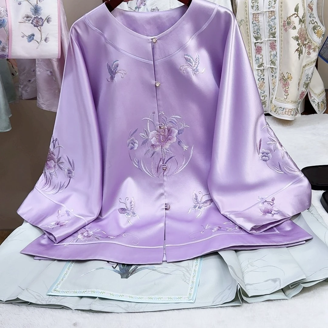织绣真丝紫色太太服