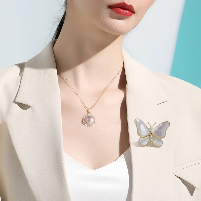 沐银时代太阳花款淡水珍珠9-10mm吊坠套链毛衣链+胸针