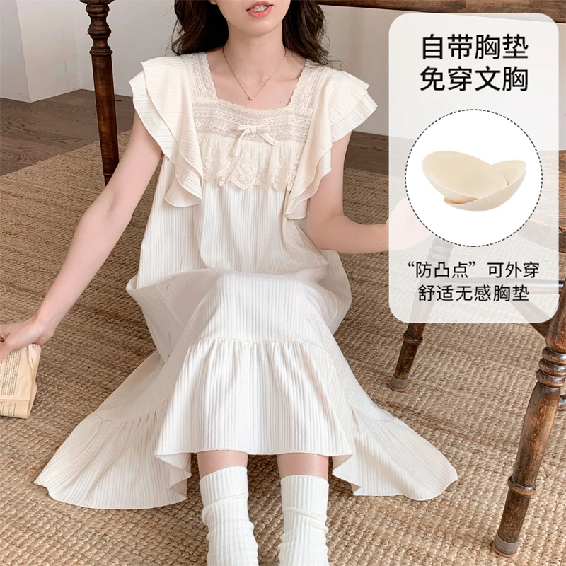 『升级版~带胸垫』夏季女款针织套头网红睡裙薄款长款蕾丝带胸垫