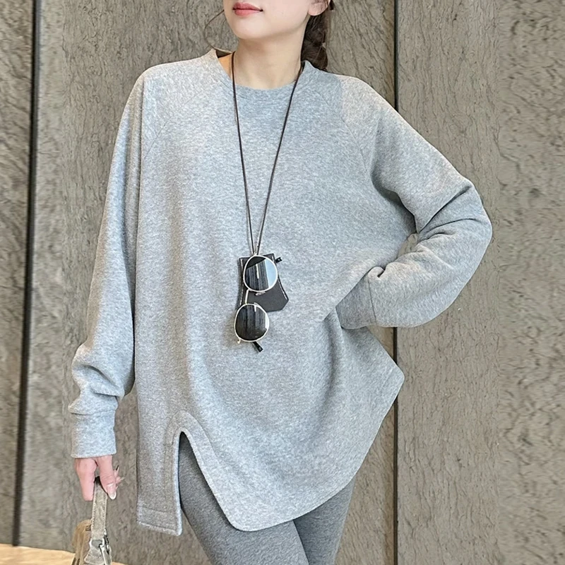 秋冬新款开叉圆领外穿百搭韩版时尚T恤灰色纯色薄款显瘦打底上衣