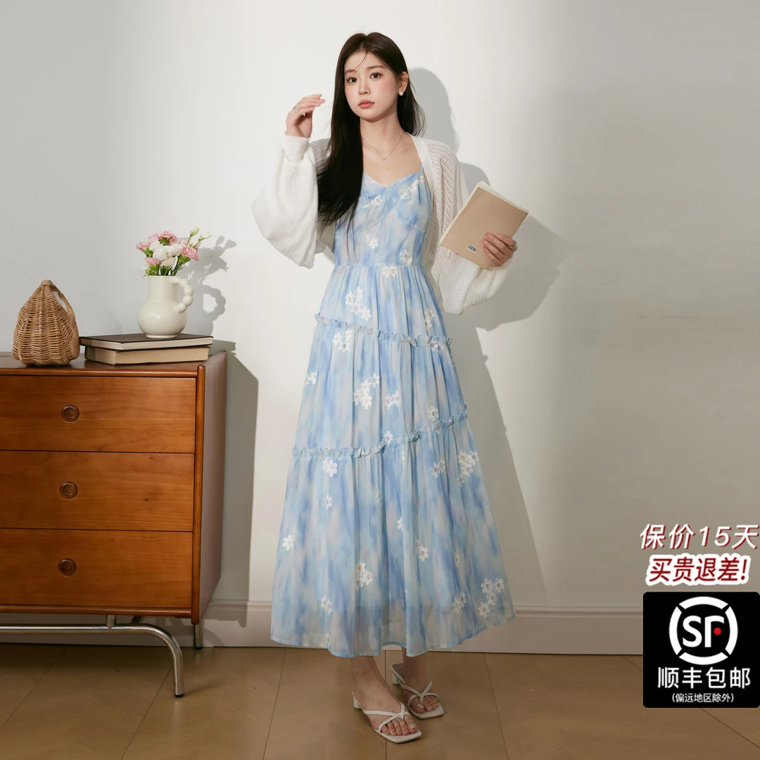 蓝语大码女装法式优雅碎花吊带连衣裙轻薄开衫夏新款胖mm显瘦套装