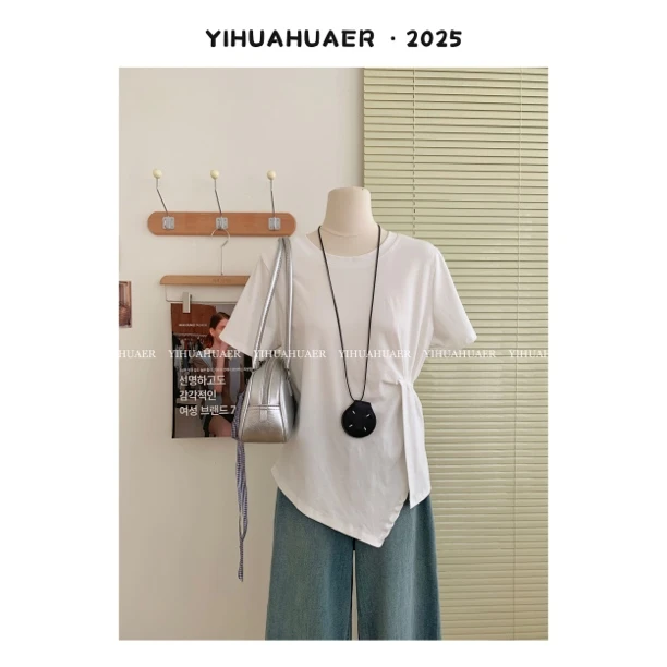 东大门韩系夏款纯色百搭设计感休闲短袖T恤2841