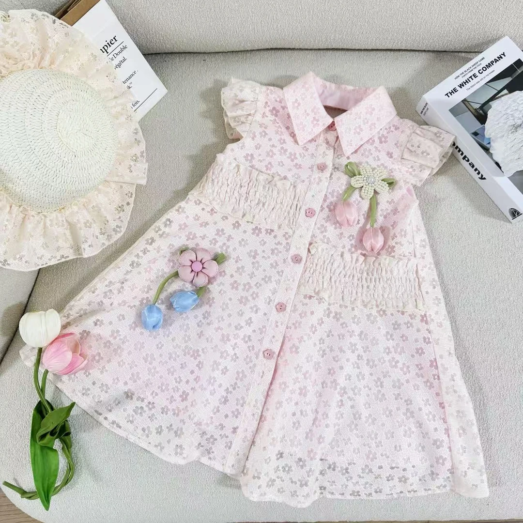 女童时尚甜美立体花朵衬衫裙花边飞袖连衣裙2025夏季新款