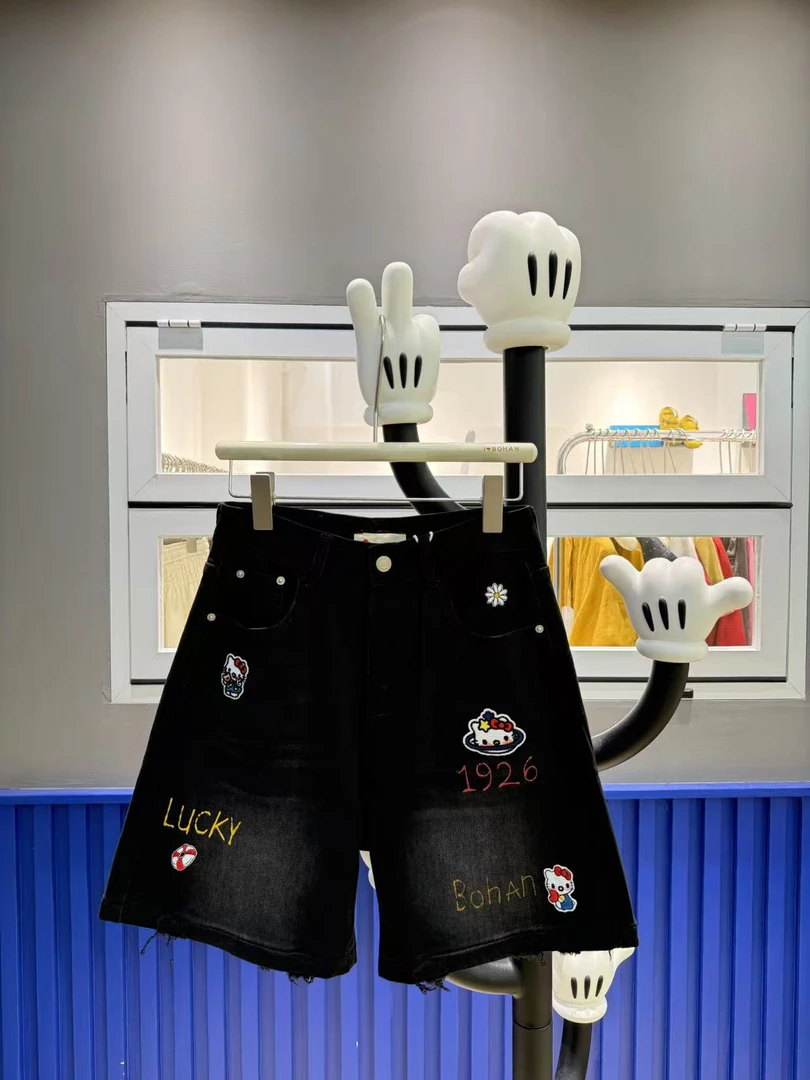 欧洲站4986#BOHAN秀秀2025夏新品小花猫咪毛边阔腿牛仔短裤潮牌