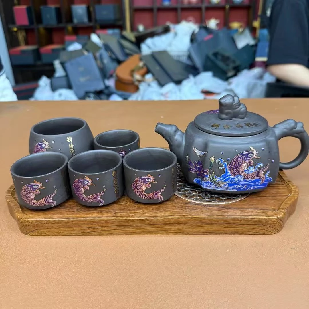 ZH3472-锦绣前程紫砂壶+龙蛋杯+扳指杯*4+胡桃木干泡台茶盘