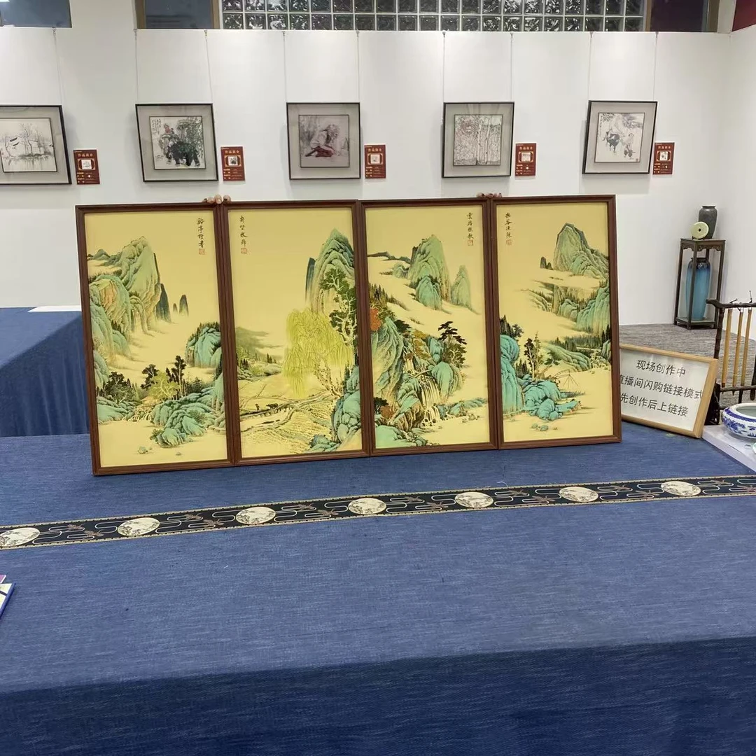 36*69竖幅渔樵耕读+17*43书法五福临门金色/周作光（带框）