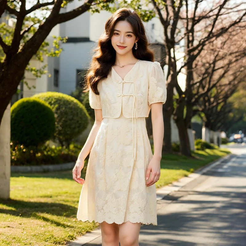 【奢姿】2025年夏季新款大码女装新中式蕾丝胖妹妹名媛V领连衣裙