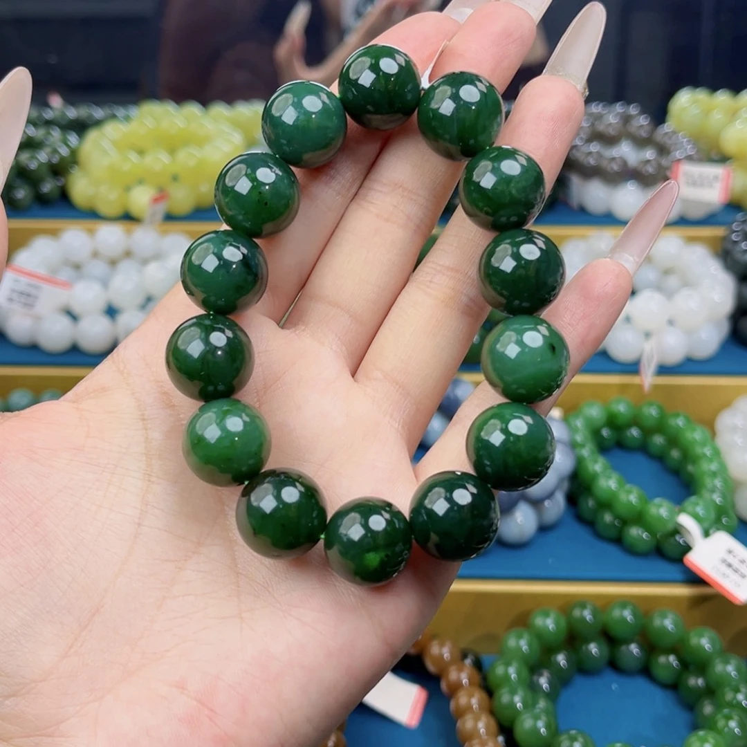 和田玉未镶嵌手链天然和田玉俄碧菠菜绿手串16