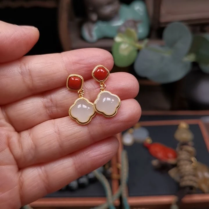 和田玉耳饰银S925镶嵌