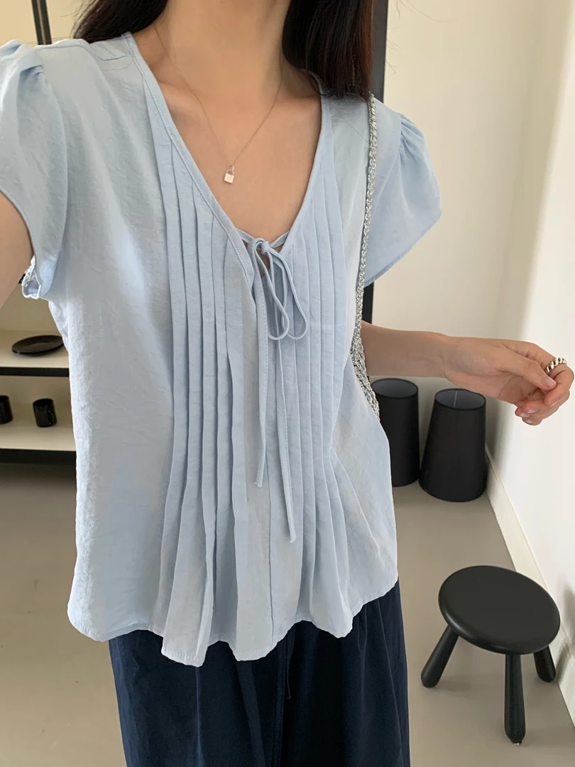 vvs@5685 韩系温柔风V领绑带打条小衫 6-4