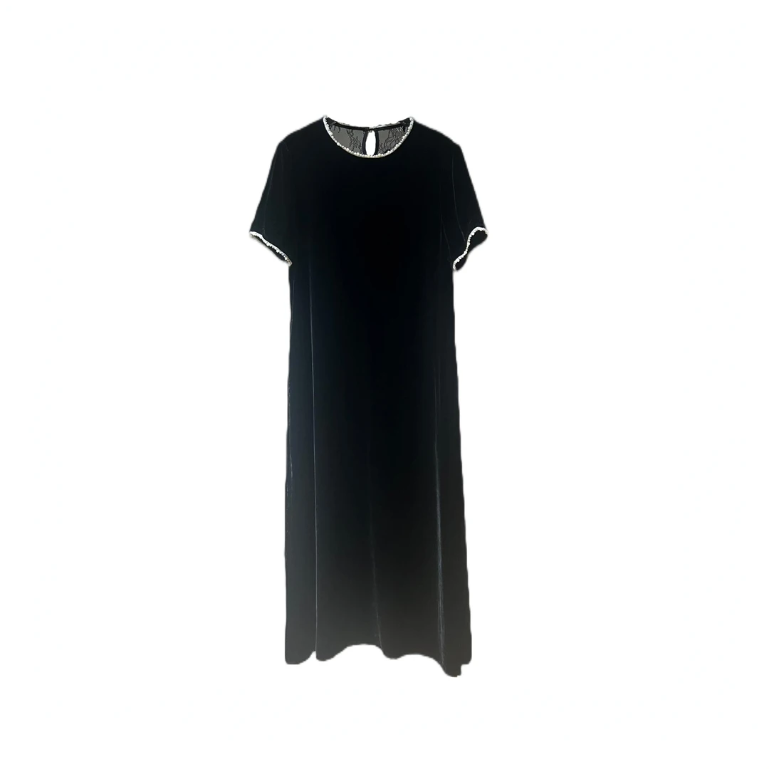 80592 黑色丝绒拼接蕾丝连衣裙