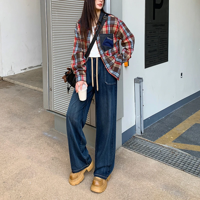 （法式口袋直筒裤）2503早春款水洗做旧垂感抽绳松紧腰牛仔裤D