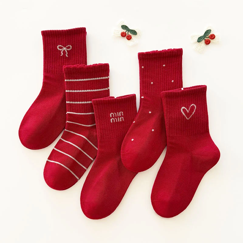 爱嘀嗒儿童红色袜子男女童秋冬款加厚中长筒马年本命年新年红袜子
