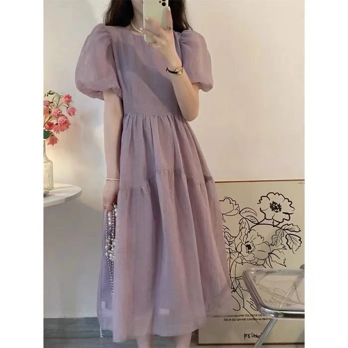 【403】夏季减龄纯色泡泡袖连衣裙