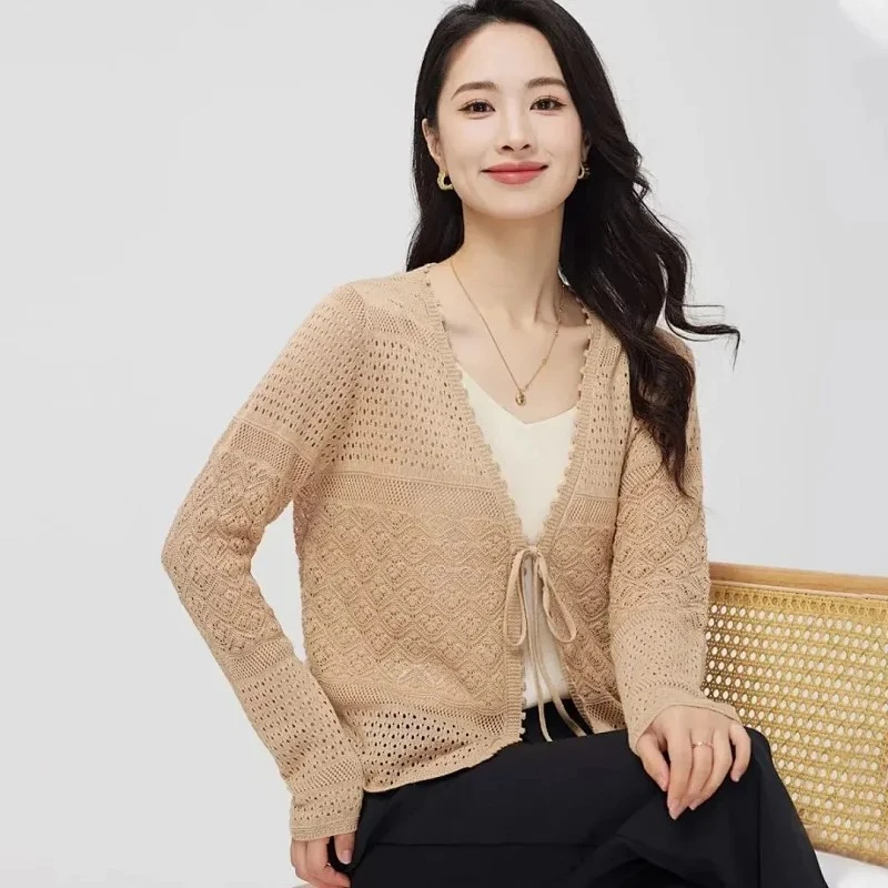 新疆原生态纯天然彩棉女士针织外套透气系带开衫设计款X482