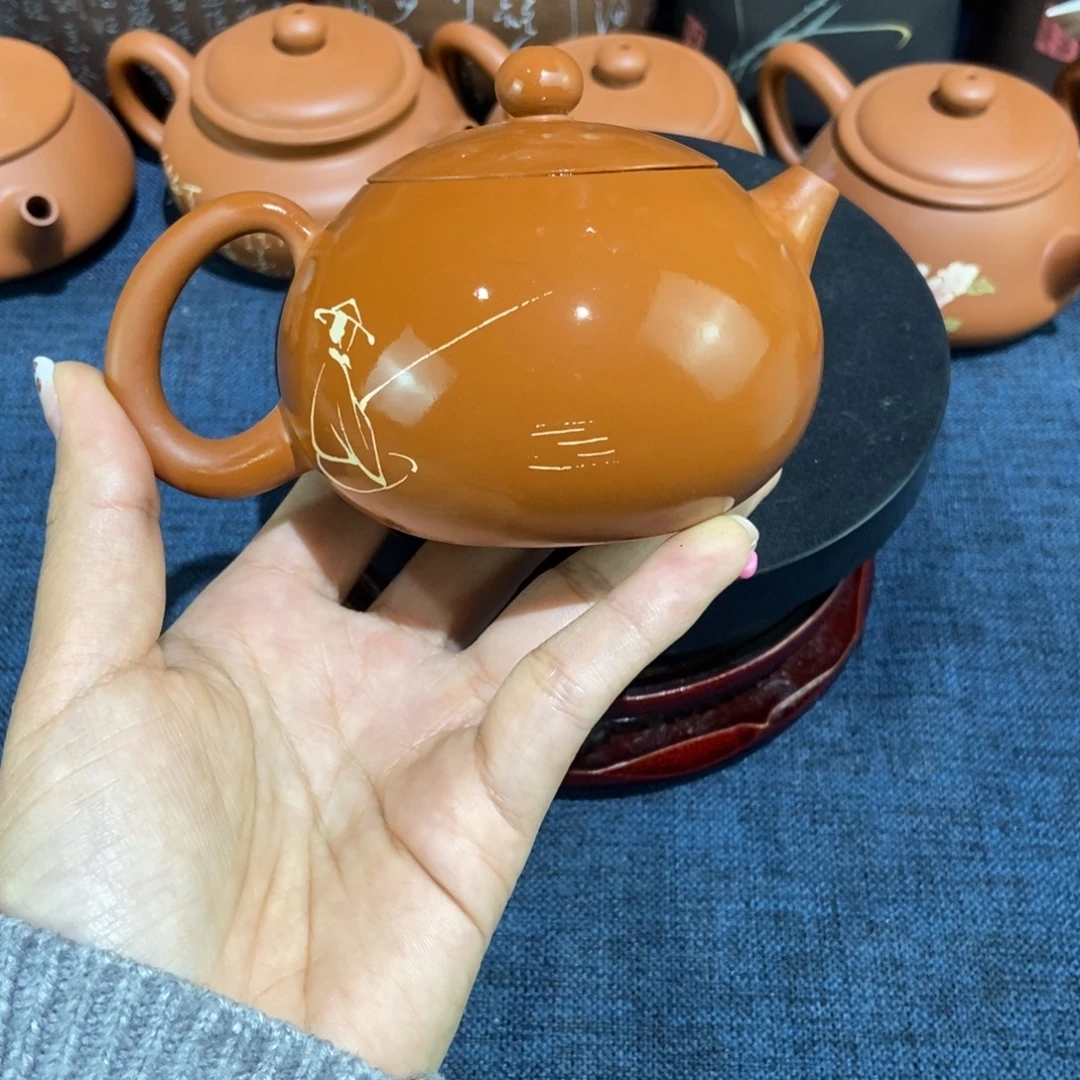 6微瑕建水紫陶手工复烧彩填壶220c