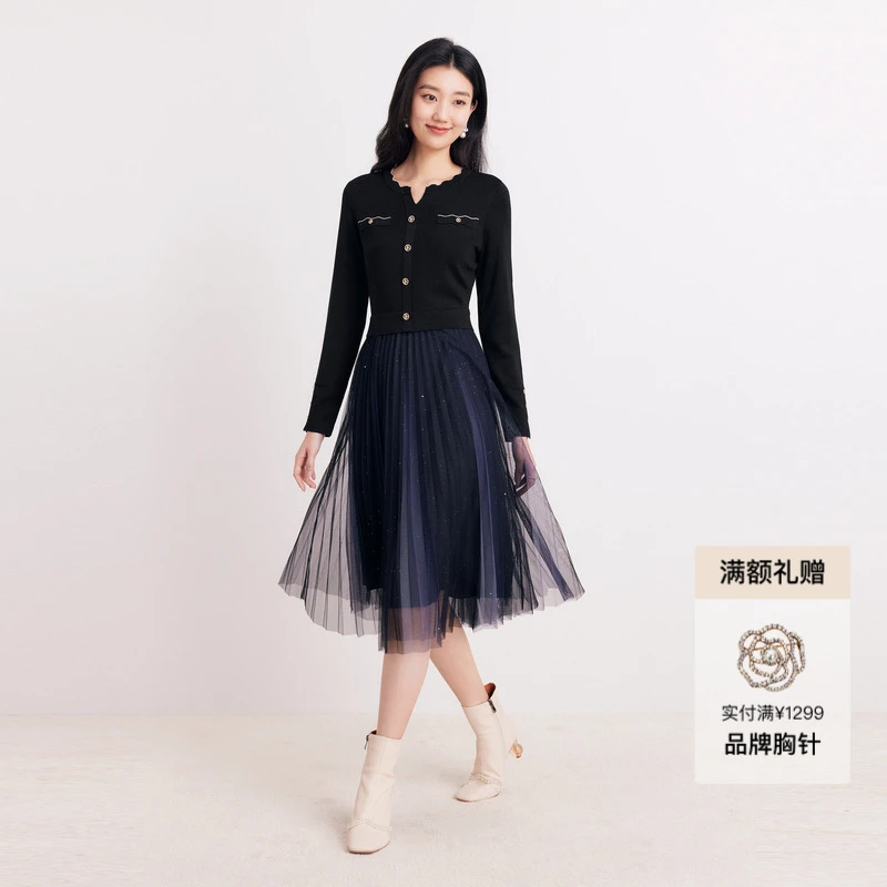 【羊毛】Koradior珂莱蒂尔商场同款秋红色显瘦毛呢假两件连衣裙