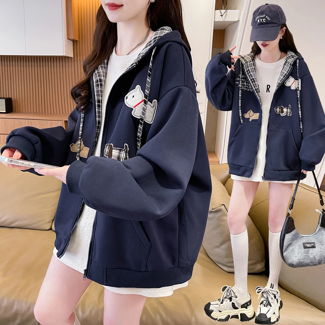 15初中高中学生春秋小狗刺绣开衫连帽卫衣外套女大童洋气棒球服潮