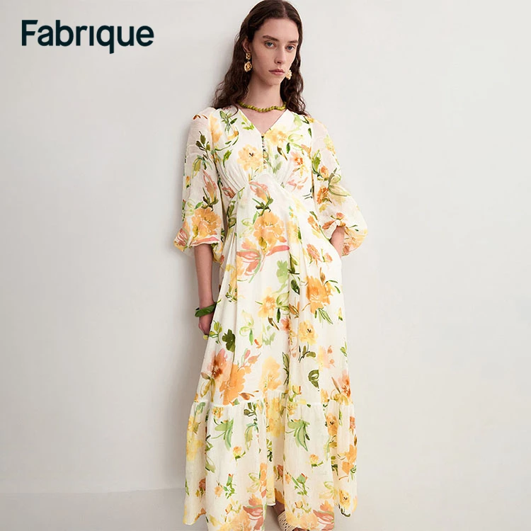 【Fabrique】 Whitney新款澄光玫瑰苎麻灯笼袖法式复古宽松连衣裙