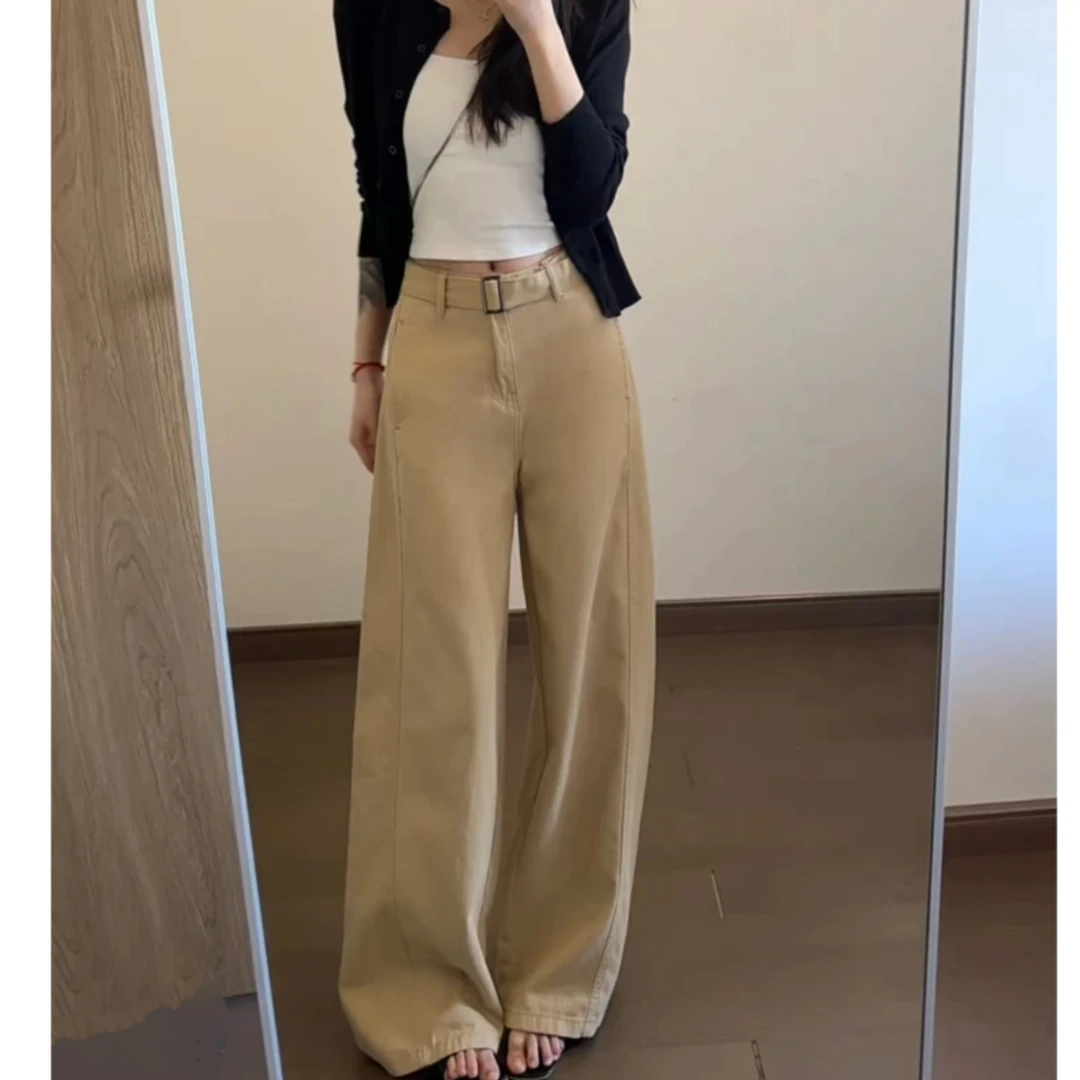 卡其色裤子女腰带牛仔裤女新款简约百搭时尚直筒阔腿阔腿拖地裤女