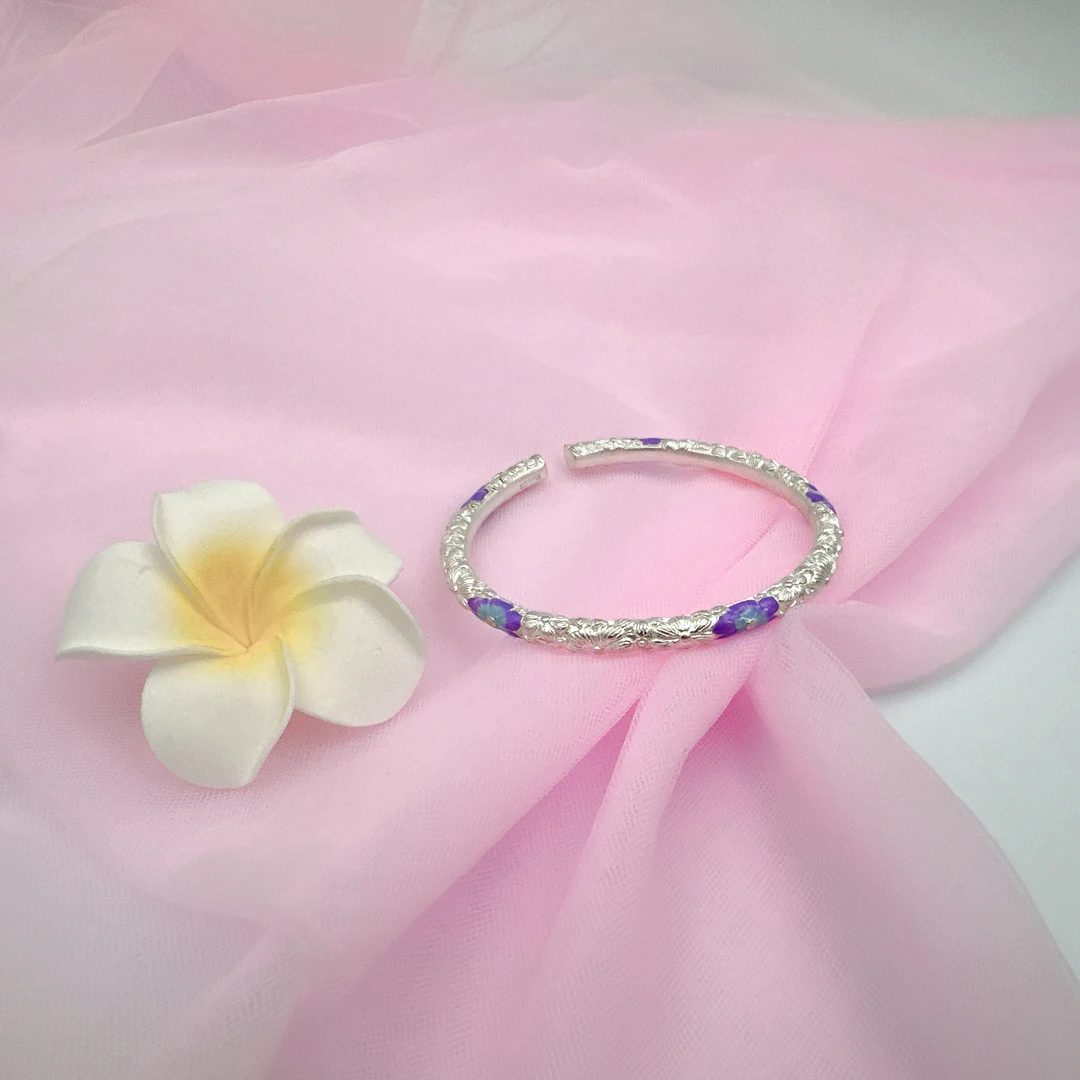 足银手镯 银9999珐琅五月石榴花开口手镯女送女友闺蜜新中式礼物