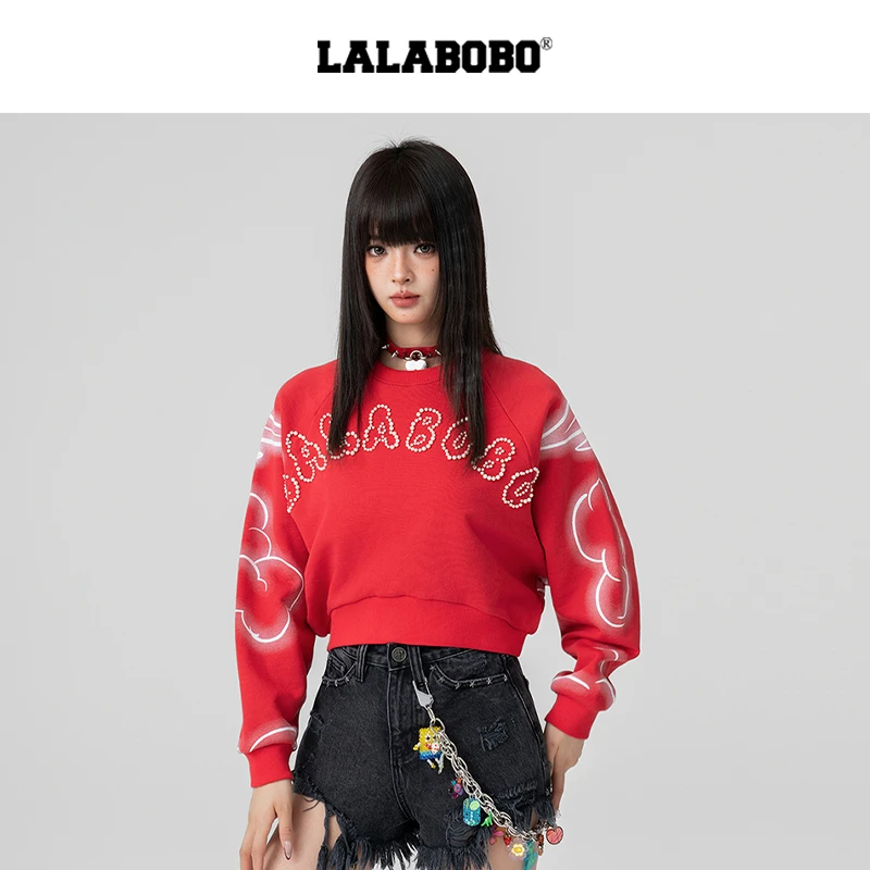 LALABOBO新款休闲百搭宽松短款时尚慵懒风圆领卫衣LBEA-WSTS16