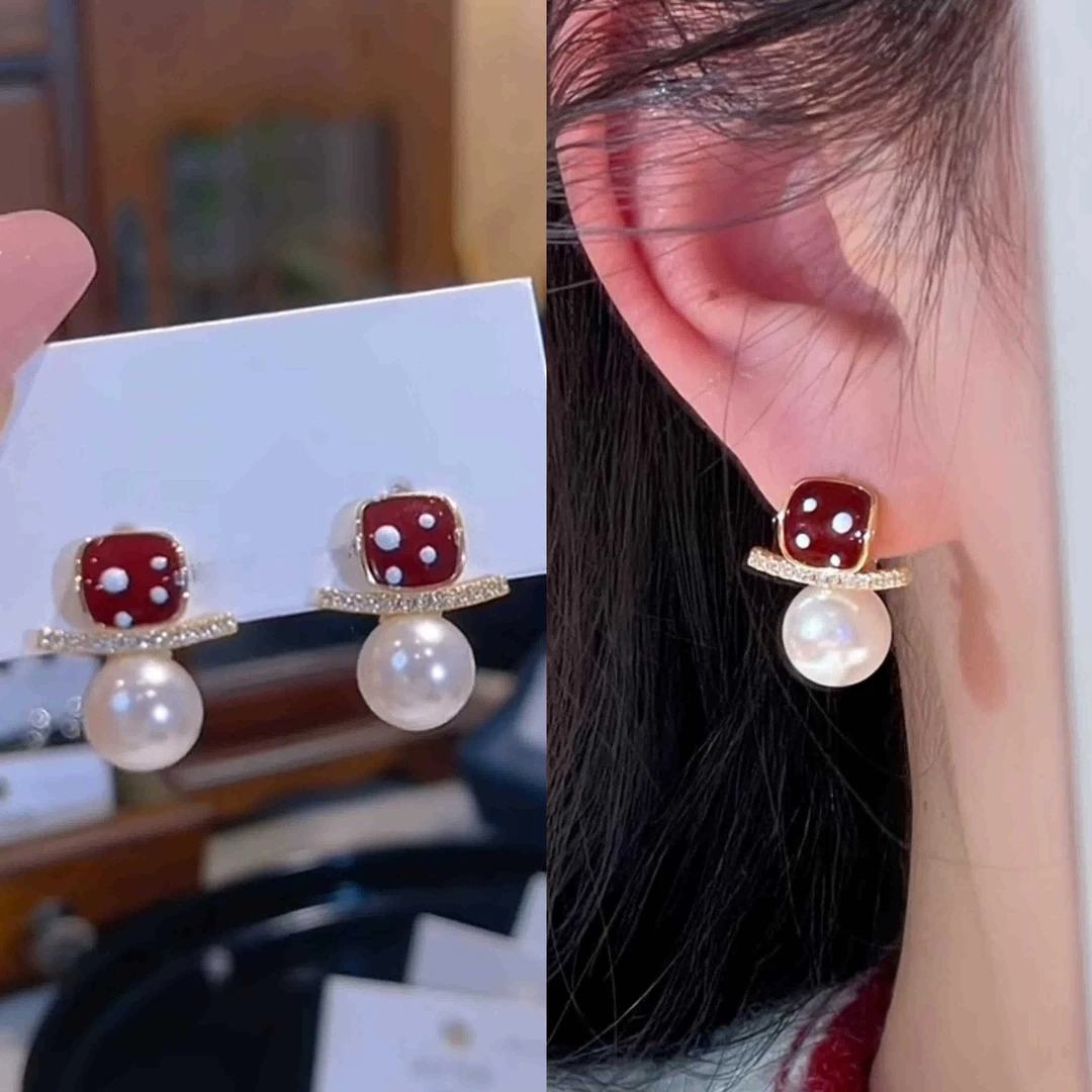 铜合金耳饰 安可拉红滴油方形珠珠锆石拼接耳扣女精致小巧耳饰品