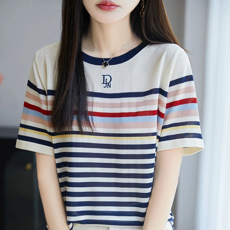 时尚女装品牌25新款圆领短袖针织衫T恤女时尚百搭休闲显瘦上衣女