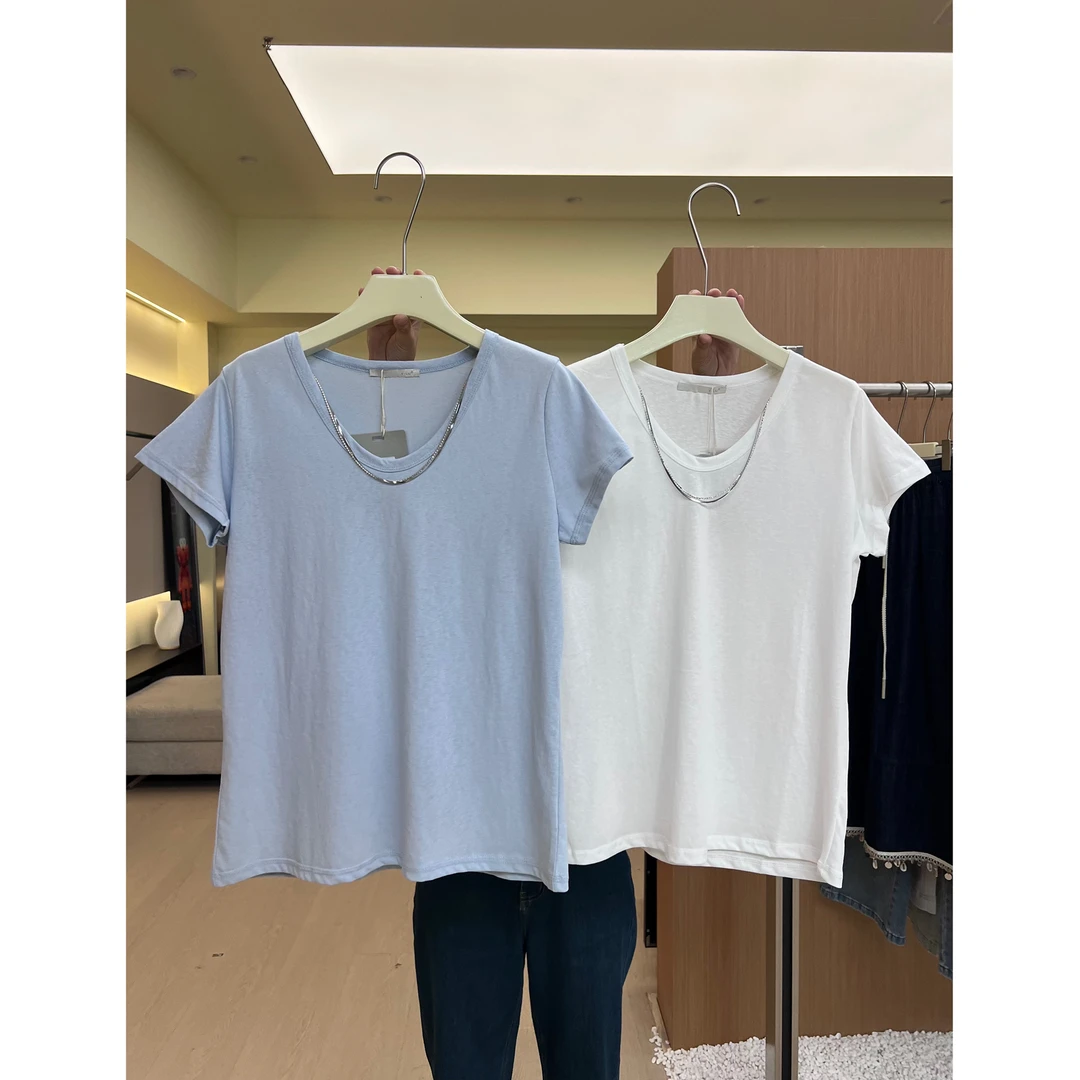 Q41短袖面膜T恤女棉质2025夏季新款正肩薄款U领极简宽松短款上衣