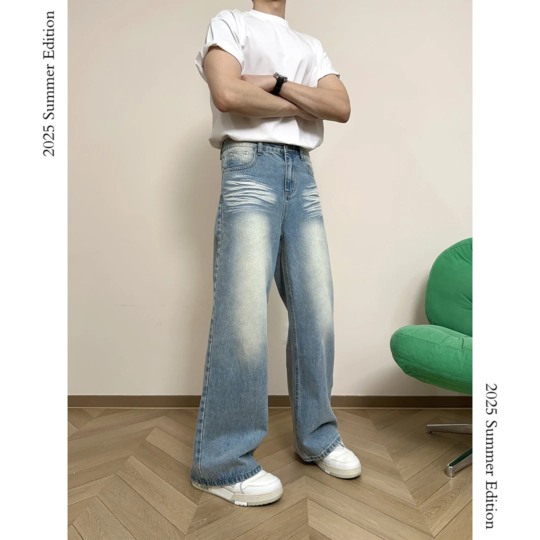 折痕水洗/cleanfit春夏季13oz复古宽松直筒浅蓝色牛仔裤中高腰