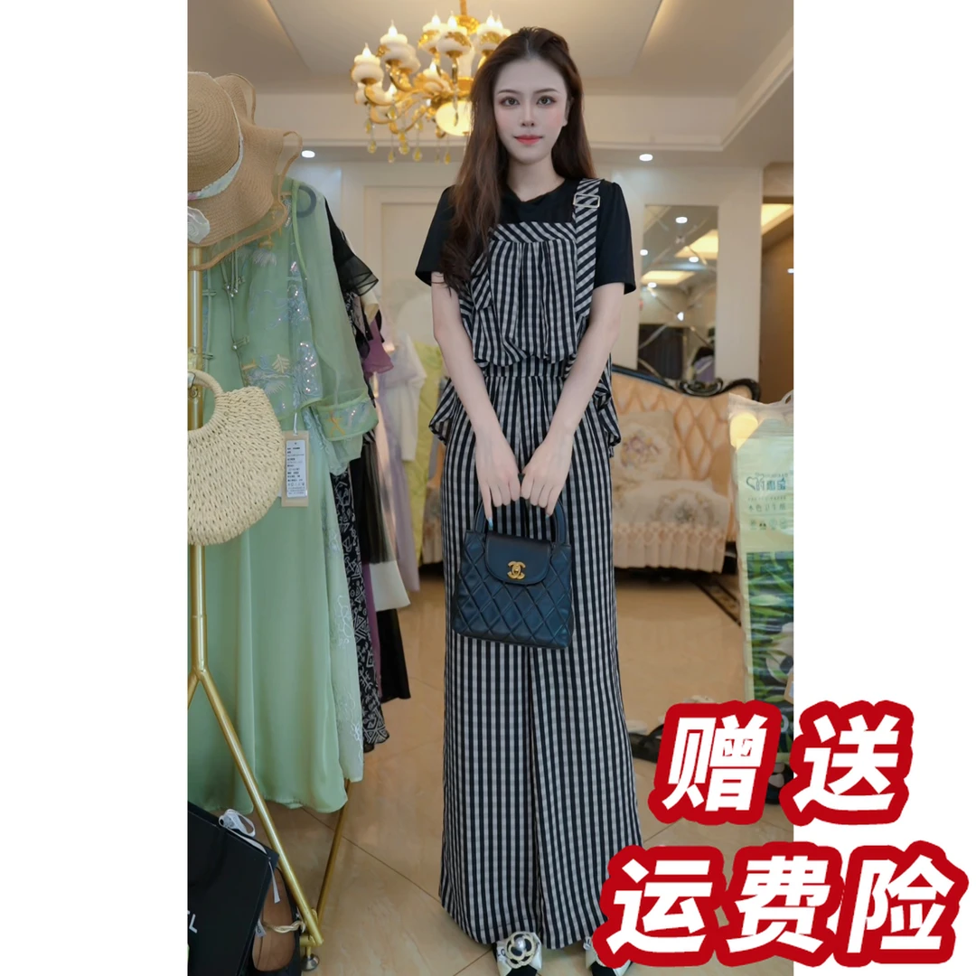 时尚两件套夏季2025显瘦假两件上衣直筒裤套装D4306