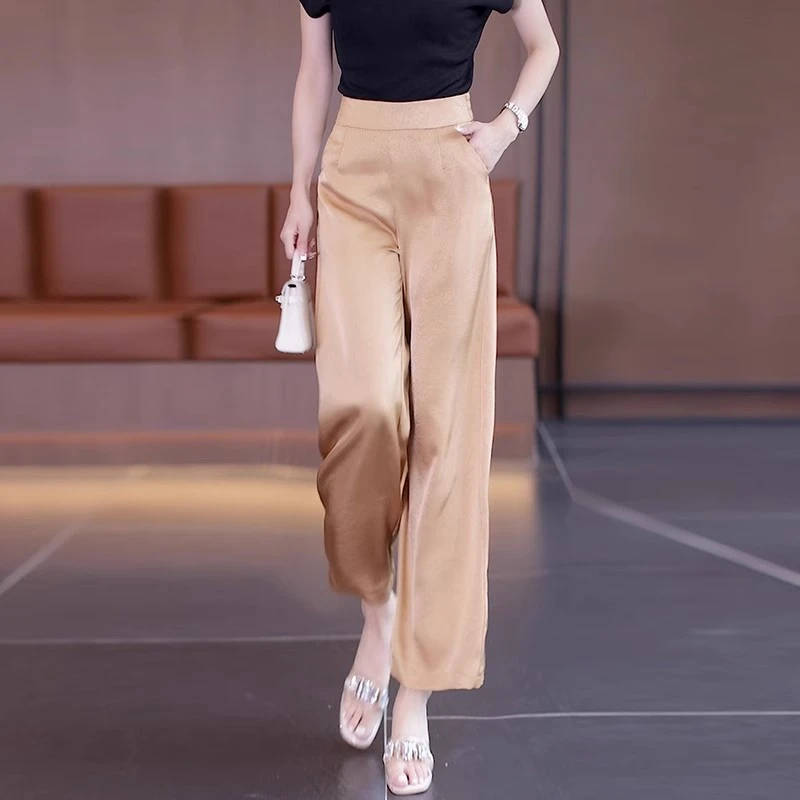 醋酸阔腿裤女春夏薄款2025新款高腰垂感松紧腰九分冰丝缎面直筒裤