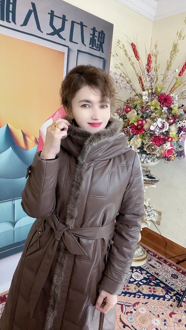 MODA KIZ皮衣连帽常规冬季长款女装中长款显瘦保暖毛领韩版加厚