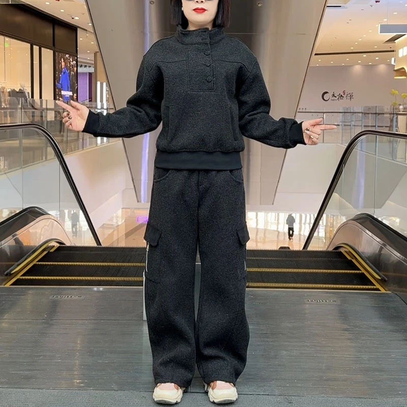 （1372）冬季新款半开领时尚洋气显瘦遮肉弯刀裤可调节加绒裤套装女