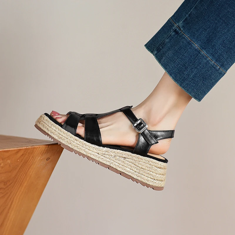 5cm松糕厚底罗马凉鞋女新款轻便草编坡跟鞋休闲舒适真皮露趾黑色