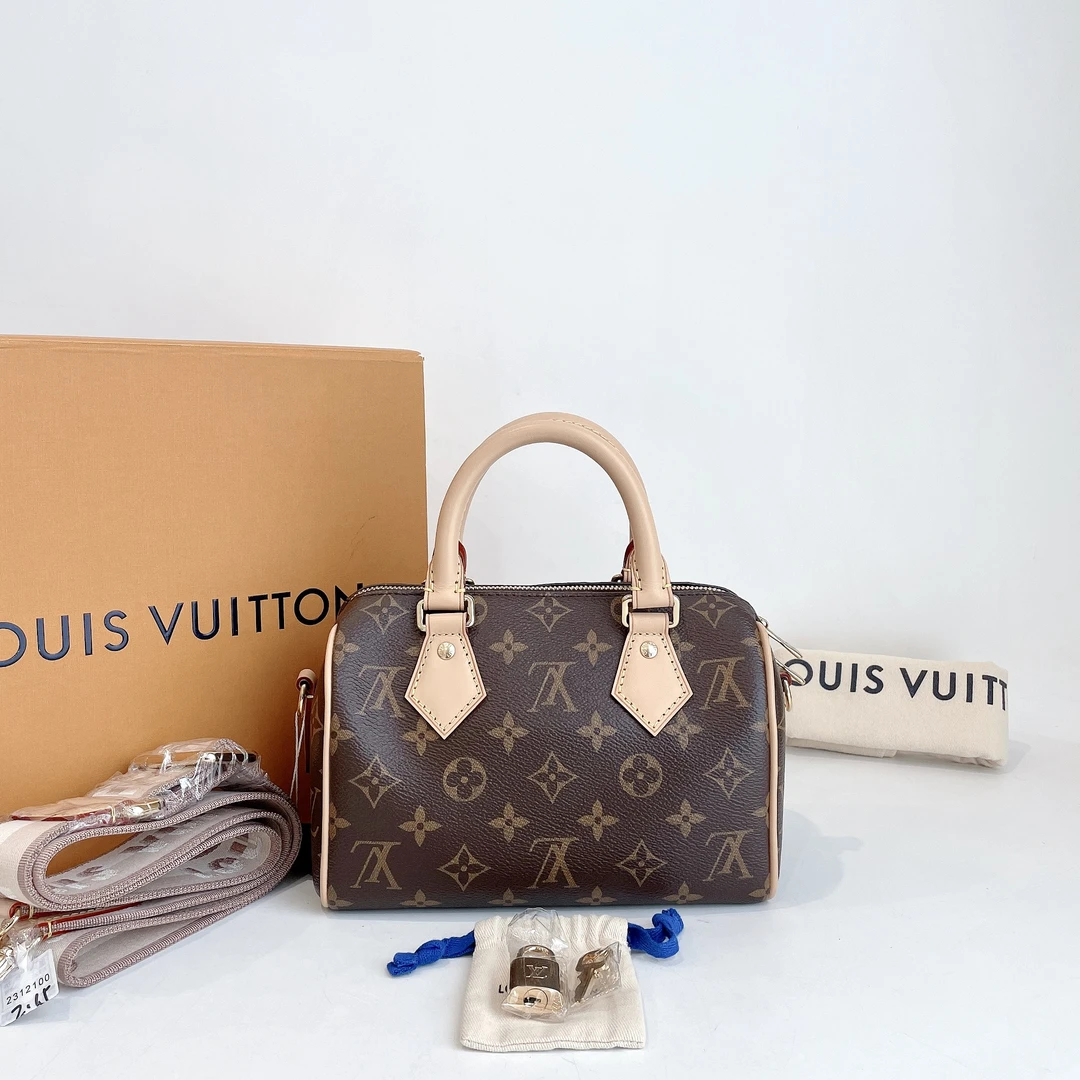99新 LouisVuitton/路易威登 老花Speedy20单肩包 奶茶肩带 芯片