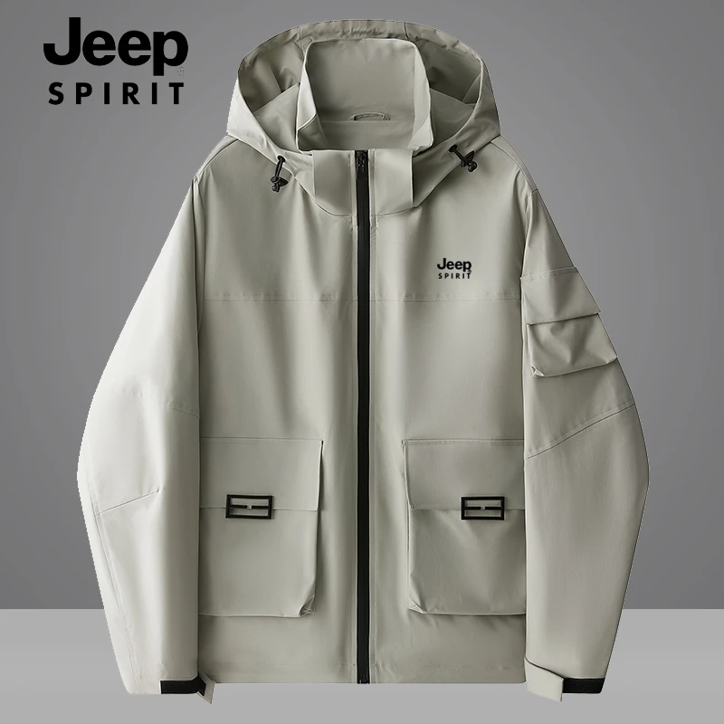JEEP SPIRIT男士纯色百搭运动休闲外套春季宽松连帽多袋工装夹克