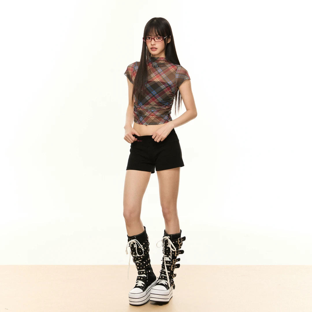 EZEK 美式复古修身半透格子正肩短袖T恤女夏季轻薄显瘦格纹上衣潮
